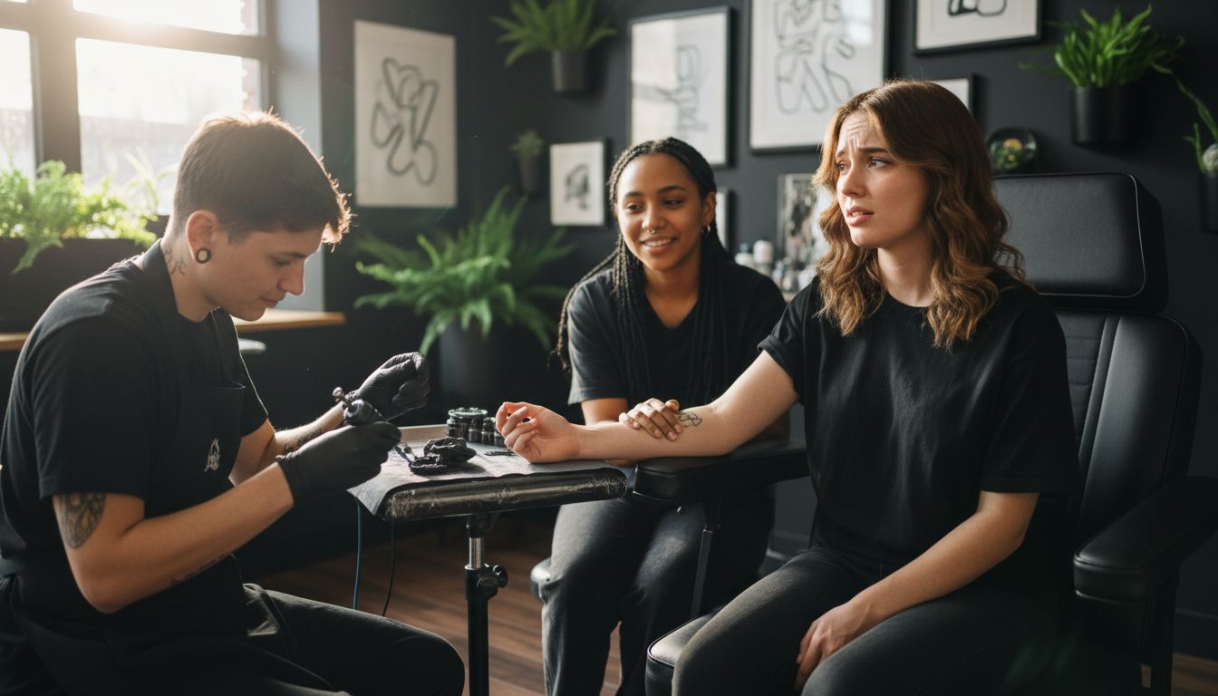 First tattoo, artist prepping, supportive atmosphere