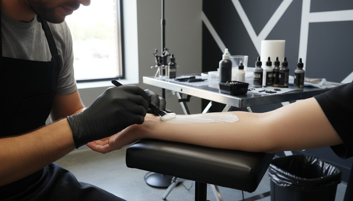Tattoo artist applying anesthetic cream