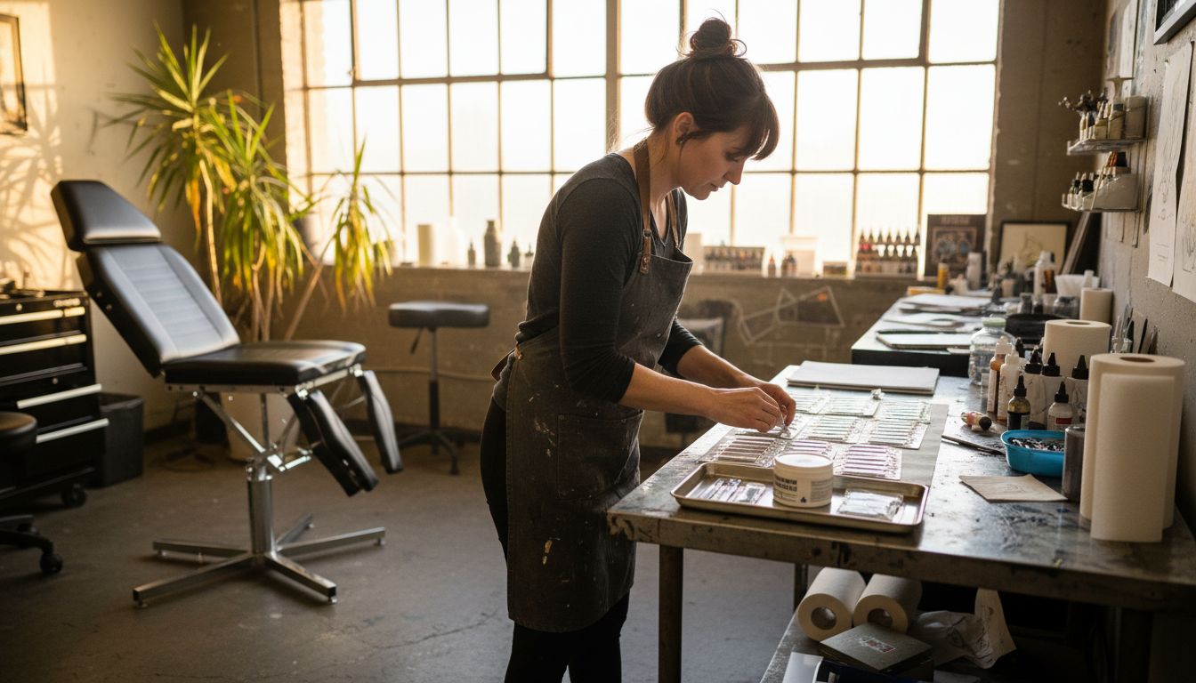 Tattoo artist preparing station in studio