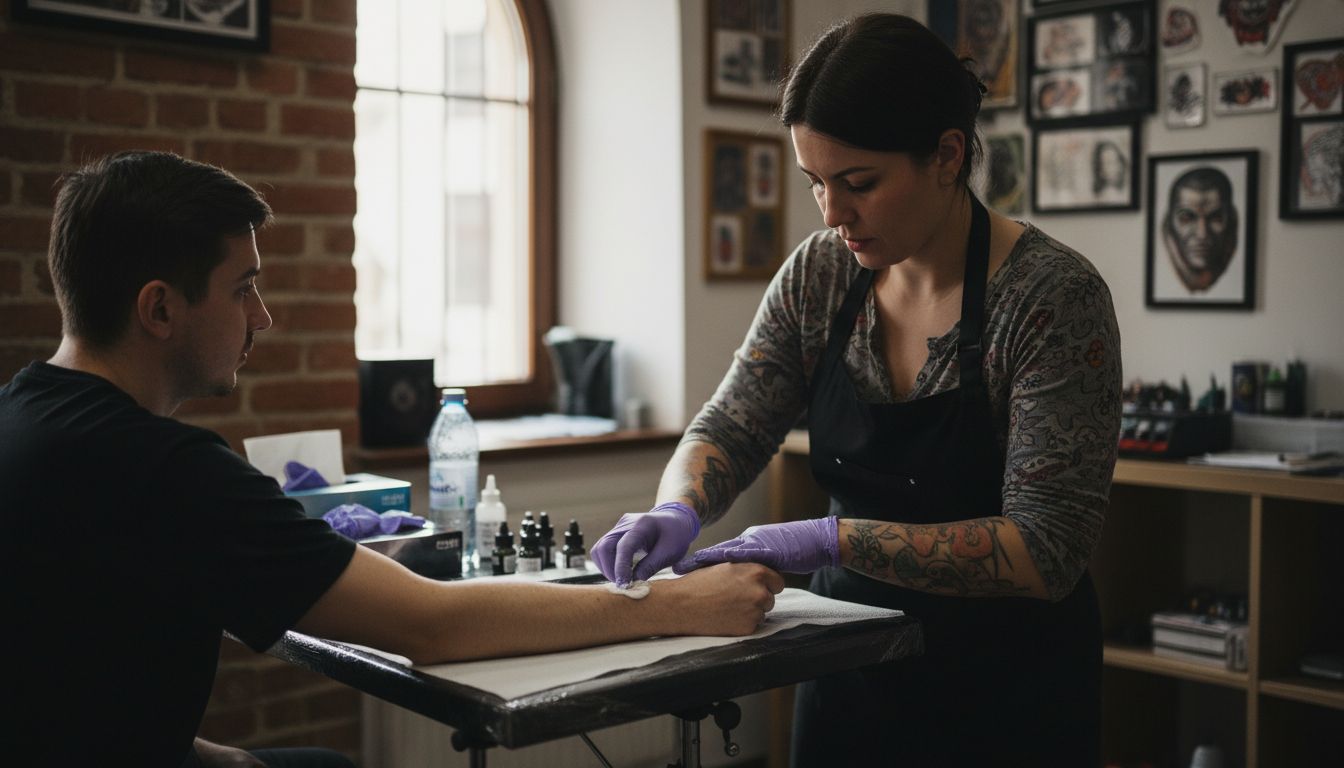 Tattoo artist applying numbing cream to client