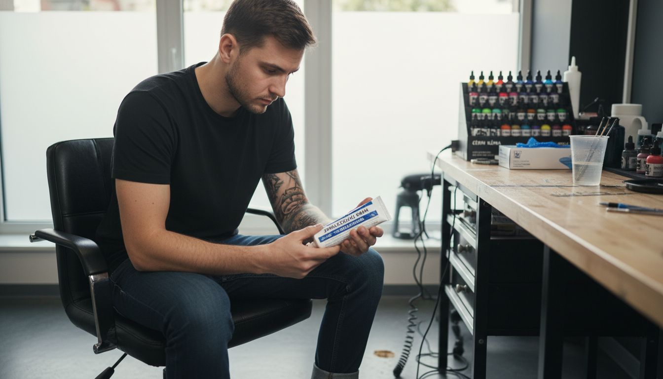 Muž hodnotí znecitlivující krém přímo v tetovacím studiu.