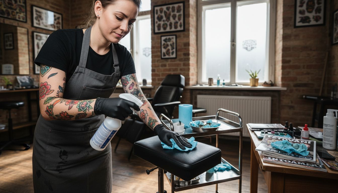 Tatér pečlivě dezinfikuje křeslo ve svém studiu, aby bylo připravené pro dalšího zákazníka.