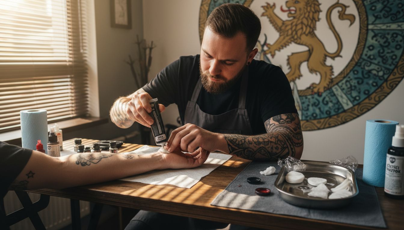 Tatér právě nanáší znecitlivující krém na kůži, aby bylo tetování co nejpohodlnější.