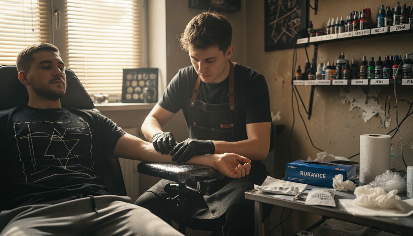 Tatér nanáší znecitlivující krém před tetováním ve svém studiu.