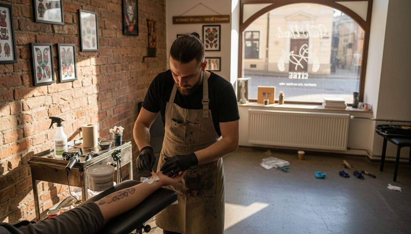 Tatér v ateliéru nanáší znecitlivující gel před tetováním.