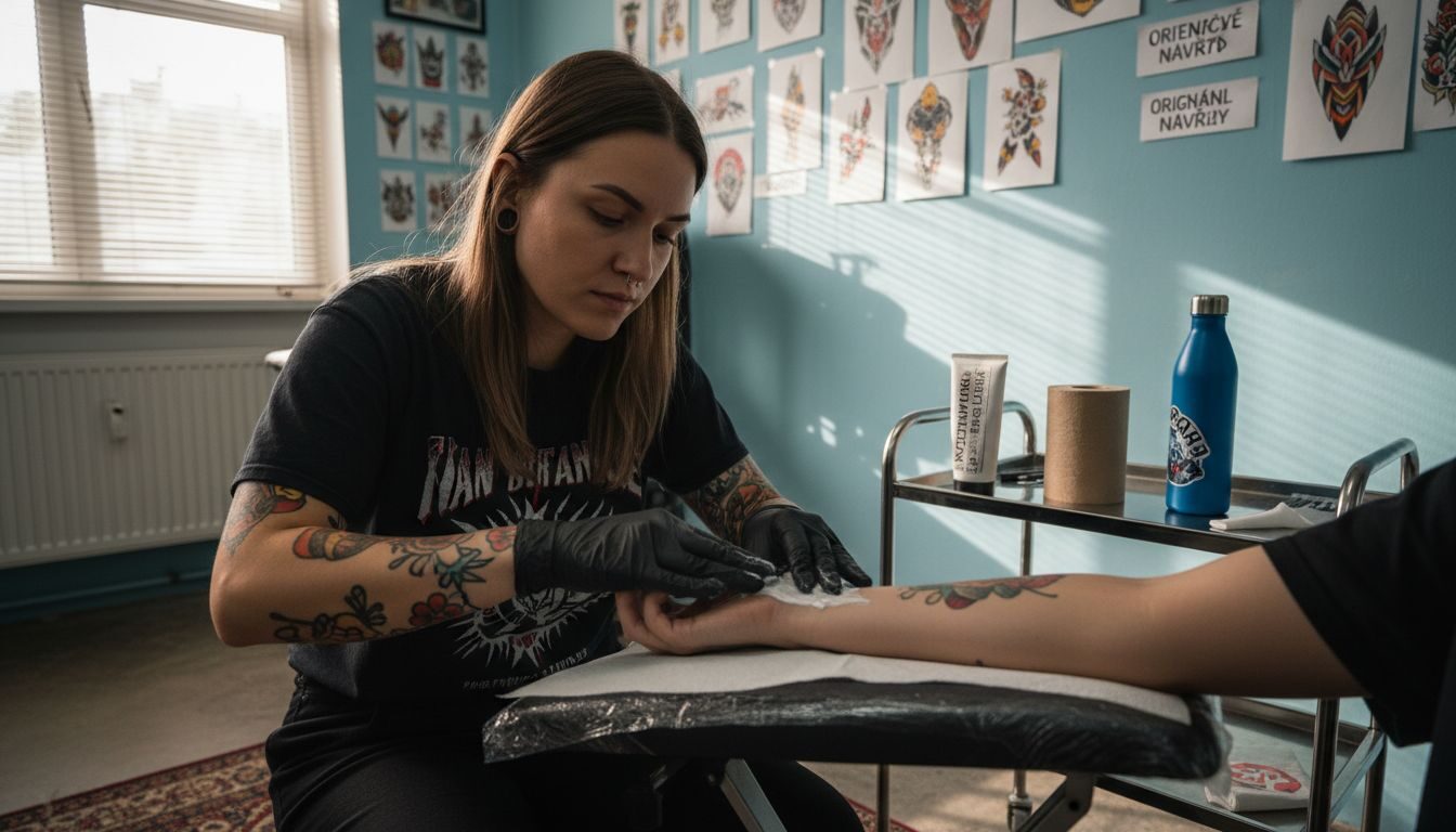 Tatér v salónu nanáší znecitlivující krém před tetováním