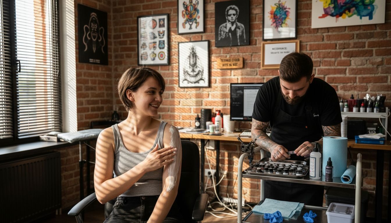 Zákazník se na tetování připravuje tím, že si na pokožku nanáší znecitlivující krém.