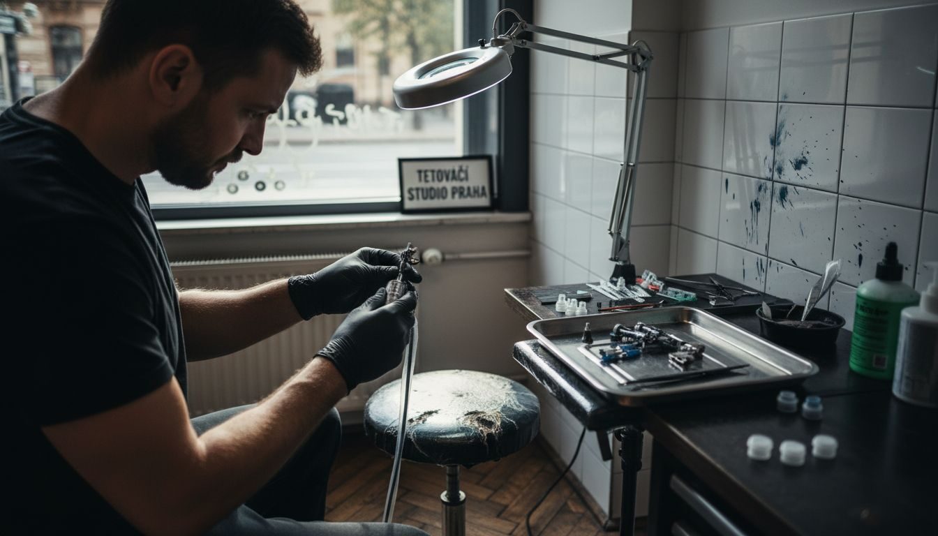 Tatér si v ateliéru pečlivě chystá sterilní nástroje před zahájením práce.