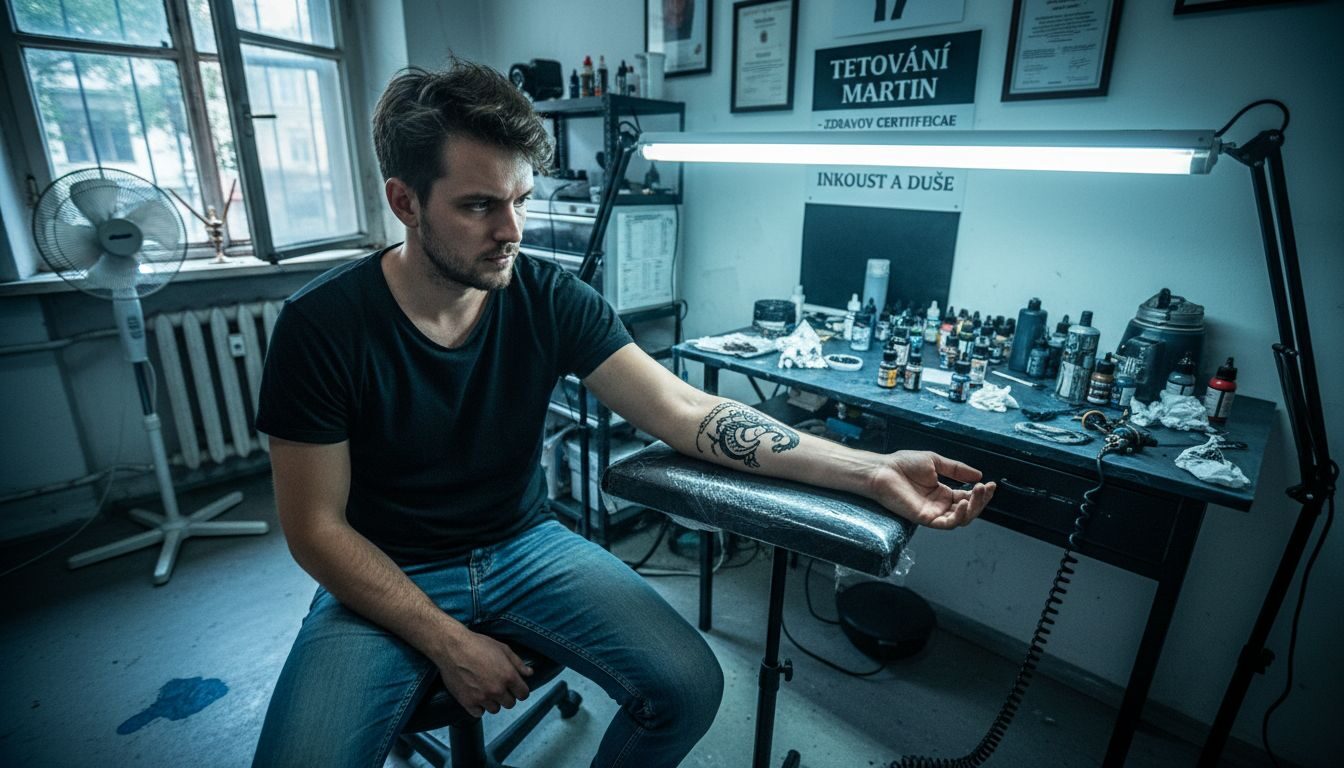 Zákazník v tetovacím studiu si se smíšenými pocity prohlíží šablonu svého budoucího tetování.