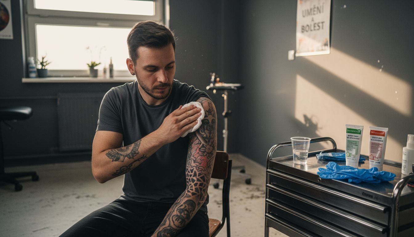 Muž si v tetovacím studiu opatrně omývá čerstvě udělané tetování.