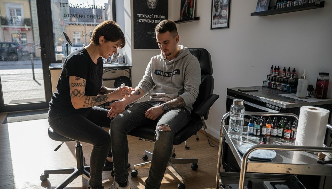 Tatér nanáší na ruku znecitlivující krém, aby byl zákrok pro klienta co nejpohodlnější.