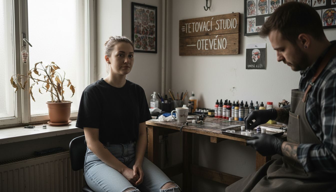 Žena v klidu usedá a připravuje se na tetování.